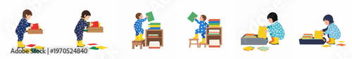 Flat vector illustrations of a toddler in polka-dot pajamas and yellow boots organizing colorful folders, books, and drawers in a sequence.