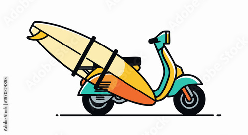 Surfboard strapped to a retro scooter for a beach adventure.