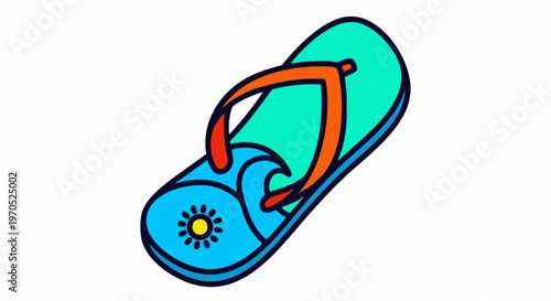 Colorful cartoon flip flop with sun and wave design.