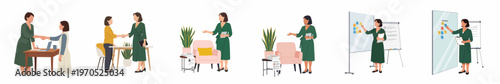Set of business women illustrations showing professional scenes like shaking hands, presenting on whiteboards, and conducting interviews in a modern office setting.