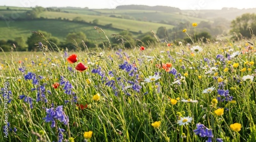 Colorful wildflowers in green meadow.