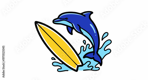 Cartoon dolphin jumping with a yellow surfboard illustration.