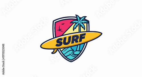 Colorful surfing emblem with surfboard and palm tree design.
