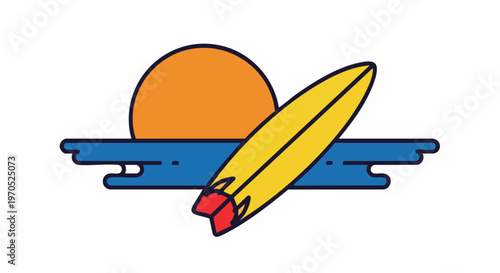 Surfboard at sunset over ocean waves summer vacation illustration.