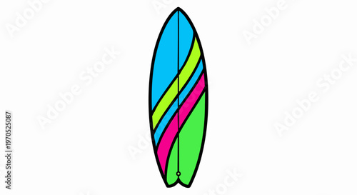 Colorful surfboard illustration with vibrant striped design.