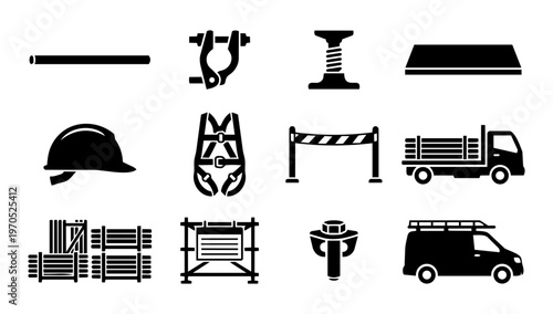 Construction Equipment Icon Set – Tools, Safety Gear, Scaffolding Parts and Work Vehicles Silhouette Collection