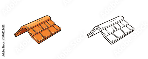 Building toy roof element in flat cartoon and black line style in orange and white colors representing construction tile for house models or kids play on white background