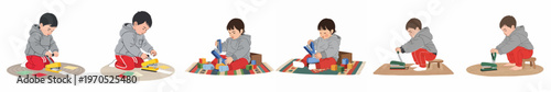 Illustrations of a young boy in a grey hoodie and red pants experimenting with large staplers and hole punches on various rugs.