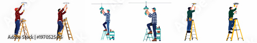Set of flat vector illustrations depicting various male handymen standing on ladders and changing light bulbs in ceiling fixtures.