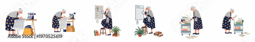 Set of illustrations depicting a diligent elderly female clerk or accountant performing various office tasks, managing spreadsheets, and organizing files.