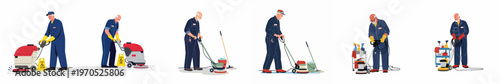 A set of six illustrations showing senior male janitors in blue uniforms operating various industrial floor cleaning and polishing machines.