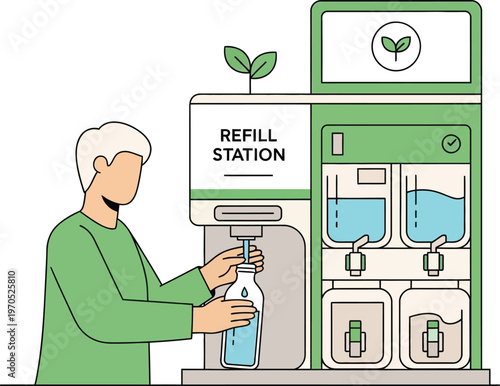 Man filling a reusable bottle at a refill station, promoting sustainability and reducing plastic waste