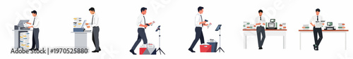Flat Illustration Set of a Businessman Managing Documents, Scanning, Printing, and Organizing Paperwork in a Modern Office Environment