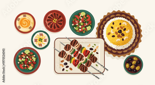 Middle Eastern Food Illustration with Grilled Lamb Kebab, Biryani Rice, Hummus, and Arabic Salad on Table Top View