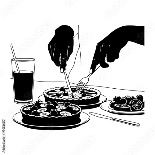  Culinary Moment: Hands poised to savor a dessert, a tantalizing display of tarts and refreshments, poised for a delightful moment.