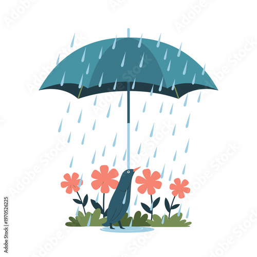 Shelter from the Storm: A solitary bird finds refuge under an umbrella amidst a gentle downpour, surrounded by vibrant flowers. This image evokes feelings of tranquility and resilience.