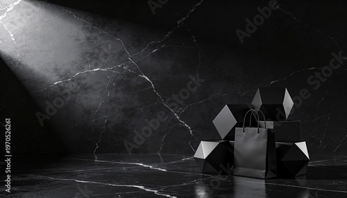 Luxury shopping bag on dark marble with dramatic light