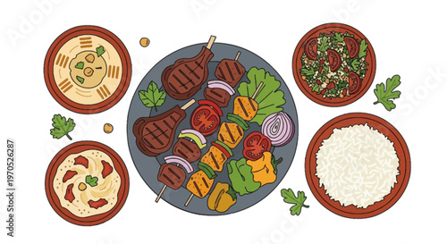 Flat Design Illustration of Middle Eastern BBQ with Lamb Chops, Kebabs, Rice, and Tabouli Salad