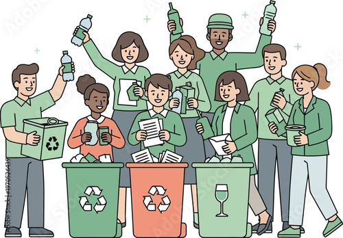 A diverse group of happy individuals collaboratively engaging in waste recycling and sorting, promoting environmental sustainability and eco-friendly practices for a cleaner future