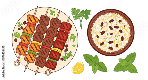 Hand Drawn Mix Meat Kebabs and Basmati Rice with Raisins for Eid al-Adha Feast and Middle Eastern Cuisine.