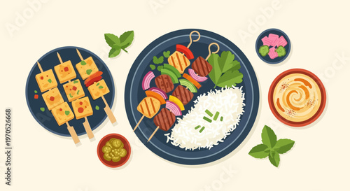 Grilled Meat and Vegetable Kebab Skewers Illustration with Basmati Rice, Hummus, and Pickles for Arabic Cuisine and Eid al-Adha Food Concept.