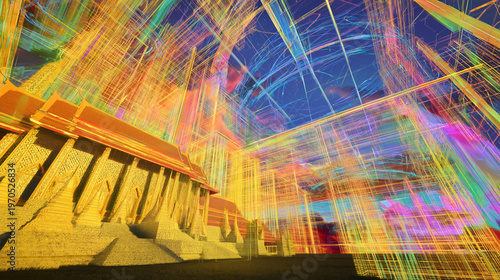 A colorful wireframe 3D model of a building interior showcasing architectural structures and ceiling details in vibrant neon lines.