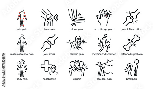 Joint pain and musculoskeletal health icons depicting symptoms and discomfort