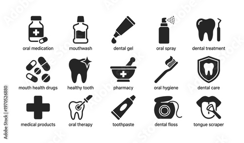 Dental care icons set: oral health products and treatments