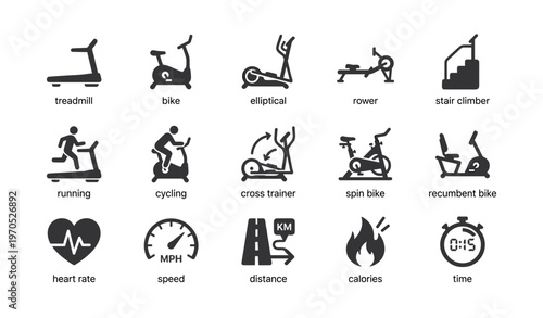 Gym equipment icons: treadmill, bike, elliptical, rower, stair climber, running, cycling