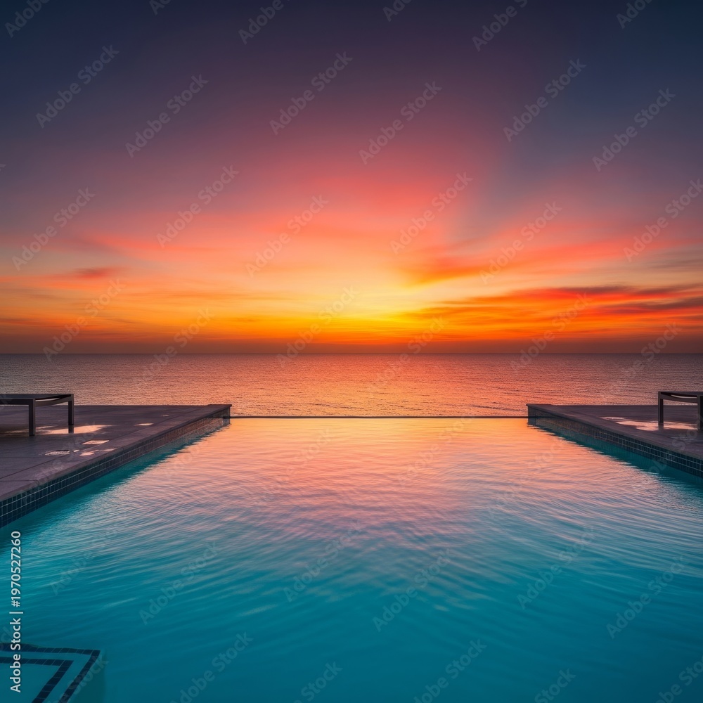 Obraz premium Serene infinity pool at a luxury resort overlooking a calm turquoise ocean during a vibrant sunset. Crystal clear water meets the horizon, getaway, sea, design