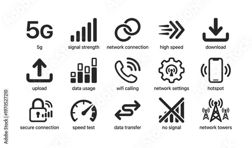 5g network icons: signal strength, connection, data usage, speed test, secure connection