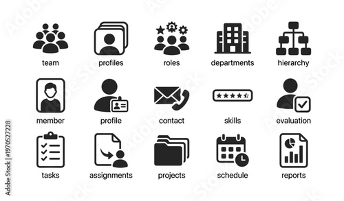 Business management icons: team profiles, roles, departments, and project tasks