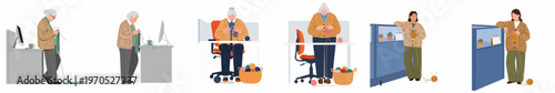 Set of illustrations showing women of different ages knitting at their office desks, highlighting the concept of work-life balance and creative breaks.