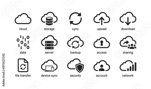 Cloud service icons: storage, sync, upload, download, data, server, backup