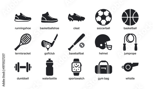 Collection of sports equipment icons including shoes, balls, and accessories