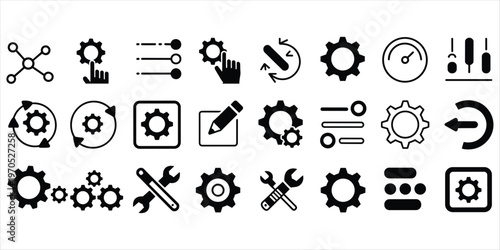 Assortment of black icons for settings and tools on a white background Keywords: settings, icons, tools, configuration, gears