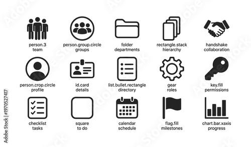Business icons set for teams, organization, and workflow management