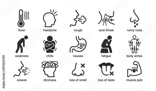Symptoms of common cold and flu: cough, fever, headache, fatigue, loss of smell