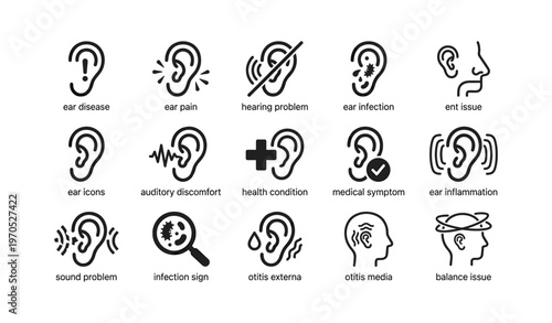 Ear health icons: pain, hearing problems, infections, inflammation, balance issues