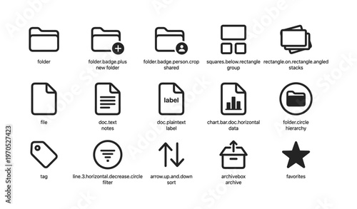 Black and white icon set for folders and files with labels and data visualization symbols