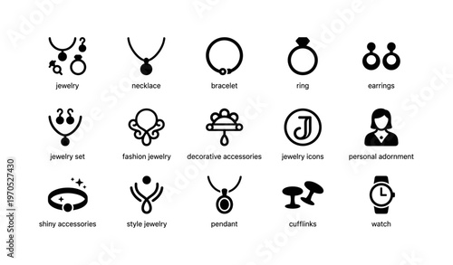 Jewelry icons including necklace, bracelet, ring, earrings, pendant, cufflinks, and watch