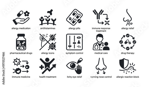 Allergy relief and medication icons for symptom control and treatment