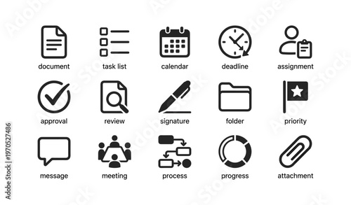 Office icons set: document, calendar, deadline, assignment, task list, approval, folder