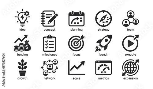 Business strategy and planning icons set with growth and success themes