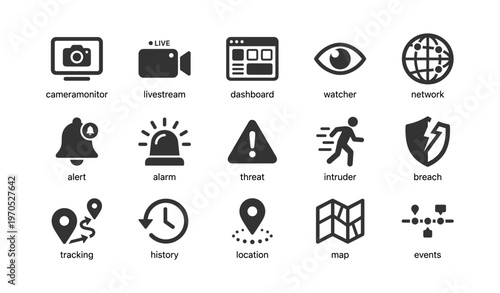 Security icons set featuring alarm, camera, and network symbols
