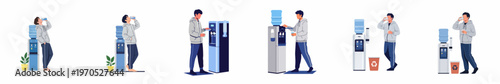 Set of flat vector illustrations of a man drinking fresh water from different office water dispensers and coolers to stay hydrated.