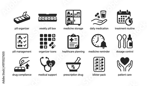 Healthcare planning icons for medication management and patient care