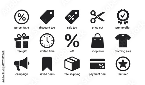 Set of black shopping icons including percentage, sale tag, and free gift