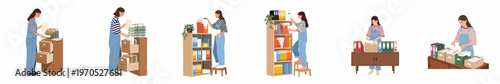 Set of flat vector illustrations depicting a woman organizing documents, filing folders, and managing office archives in various settings.