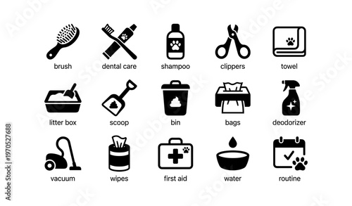 Essential pet care icons set featuring grooming hygiene and maintenance tools
